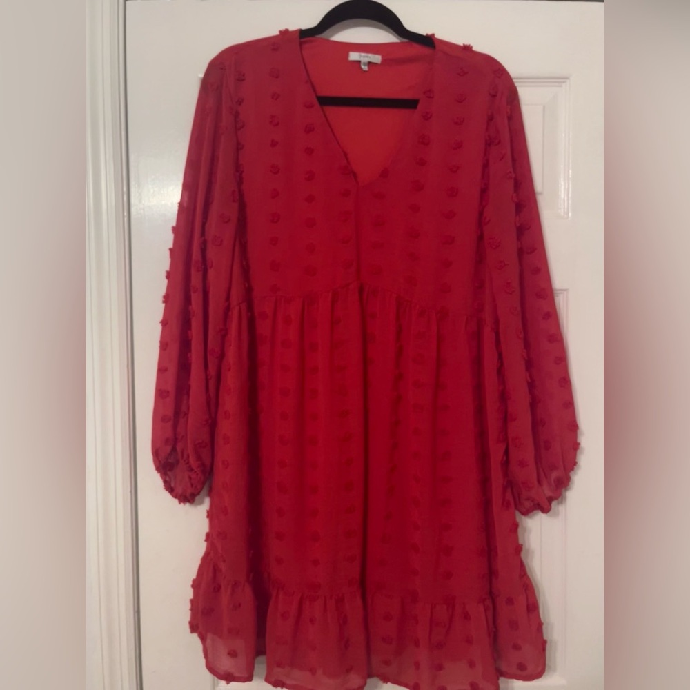 Red Swiss Dot Long Sleeve Ruffle Dress